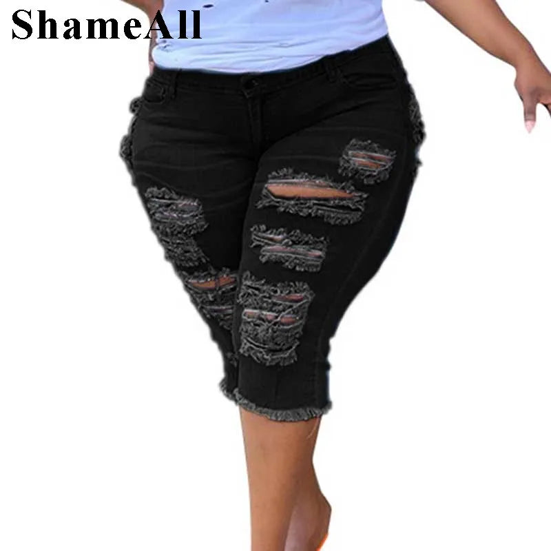 Women Plus Size Street Fringe Ripped Stretch Skinny Black Denim Shorts Summer Sexy Club Party High Waisted Short Jeans Hotpants