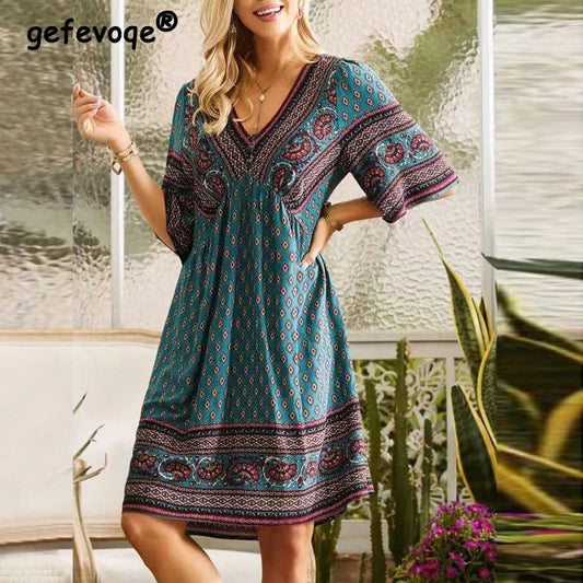 Mujeres Vintage Boho étnico estilo estampado suelto vacaciones playa vestido Midi verano cuello en V manga corta cintura alta vestidos de fiesta elegantes