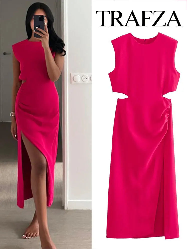 TRAFZA, nuevo vestido rojo rosa recortado para mujer, vestidos largos fruncidos de verano para mujer, vestidos de fiesta por debajo de la rodilla sin mangas, vestido de noche elegante