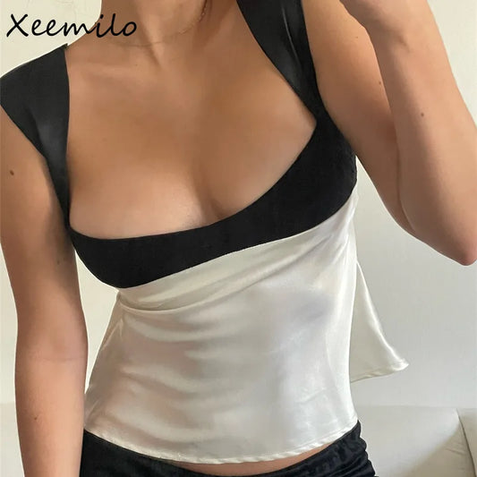 Xeemilo Sexy Satin Patchwork Débardeur Femmes Dos Nu Attacher Maigre Débardeurs Récolte Hauts Y2K Fée Fille Vacances Partywear Camisole