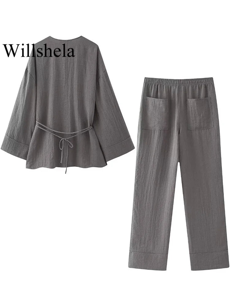 Willshela Women Fashion Two Piece Set Grey Lace Up Loose Coats & Vintage High Elastic Waist Trousers Feamle Chic Lady Pants Sets