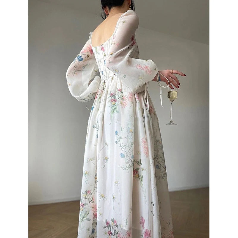 Robe De soirée mi-longue en mousseline De soie, tenue De soirée à fleurs, Style coréen, manches longues, plage, féerique, été, 2023