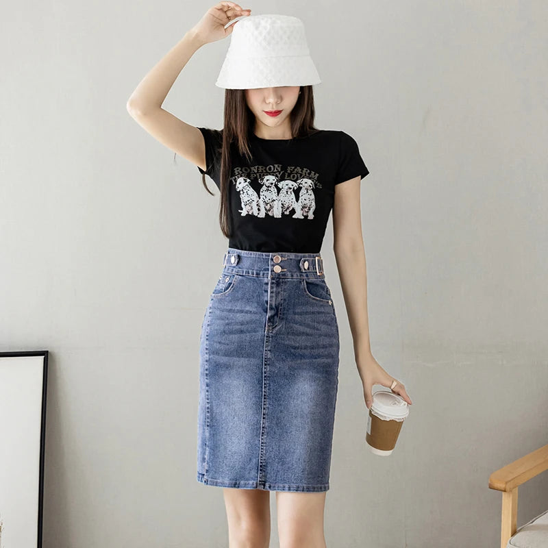 Autumn 2023 Plus Size Skirt For Women High Waist Large Size Slit Black Or Blue Jeans Skirts Korean Fashion Slim Jupe Femme