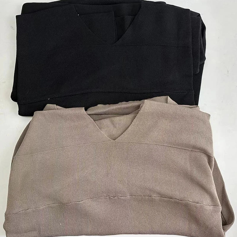 Conjuntos de 2 piezas de punto holgados de Color liso para mujer, conjuntos de pantalones de media manga y Pantalones rectos con cuello en V para primavera y verano, ropa de calle 2023