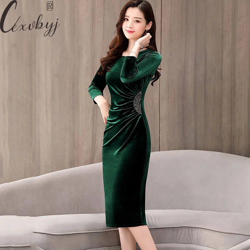 Elegant Sequin Velvet Dress Women Spring Autumn Long Sleeve Bodycon Dress Plus Size Vintage Party Dress Slim Wasit Midi Vestidos