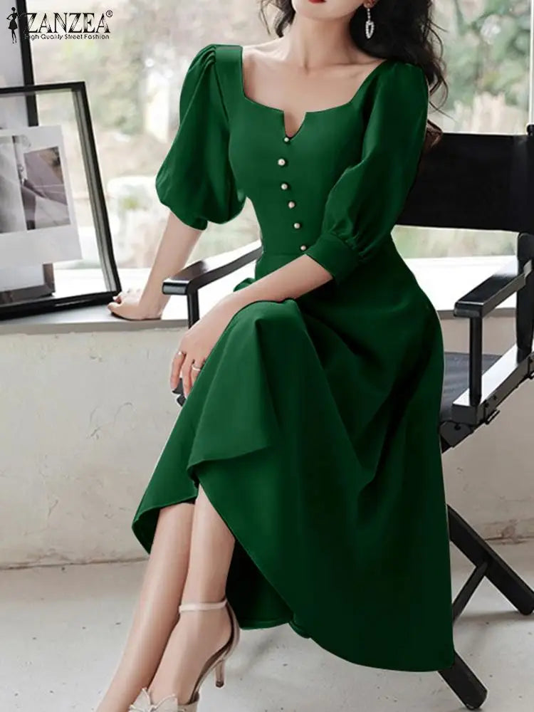 ZANZEA Korean Square Neck Robes Women Elegant Long Dress Vintage Half Sleeve Vestidos Casual Buttons Waisted Party Midi Dresses