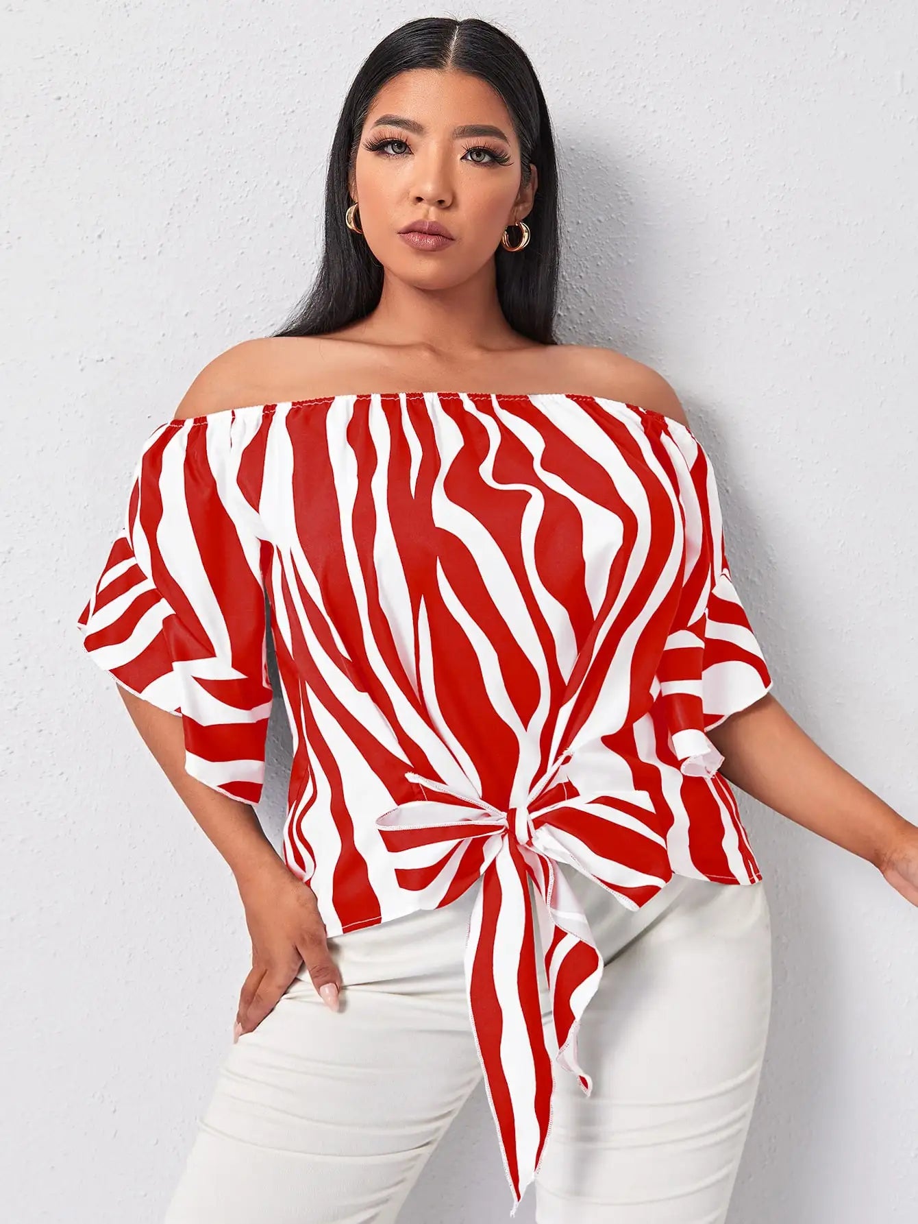 Finjani Red Panel Blouse Barrel Neck Bell Sleeves Striped Tops 2023 Loose Lace up Elegant Plus Size Women's Blouses