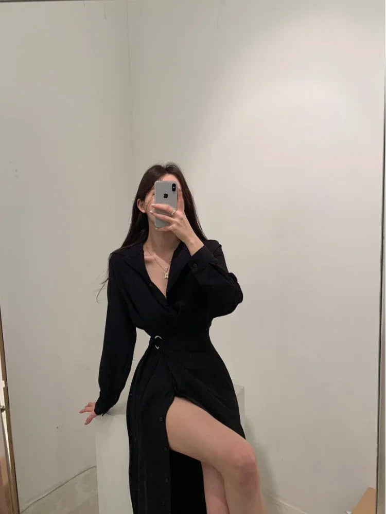 Deeptown Korean Style Black Midi One Piece Dress Women Coquette Shirt Holiday Dresses Elegant Spilt Long Sleeve Winter Vestidos