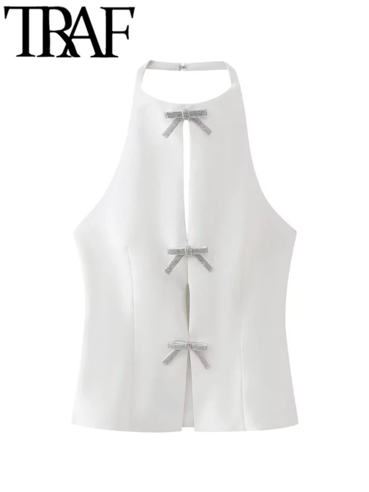 TRAF GAL Shiny Diamonds Bow Women White Camis 2024 Summer Hollow Out Sleeveless Backless Slim Halter Female Crop Top Y2K Tanks