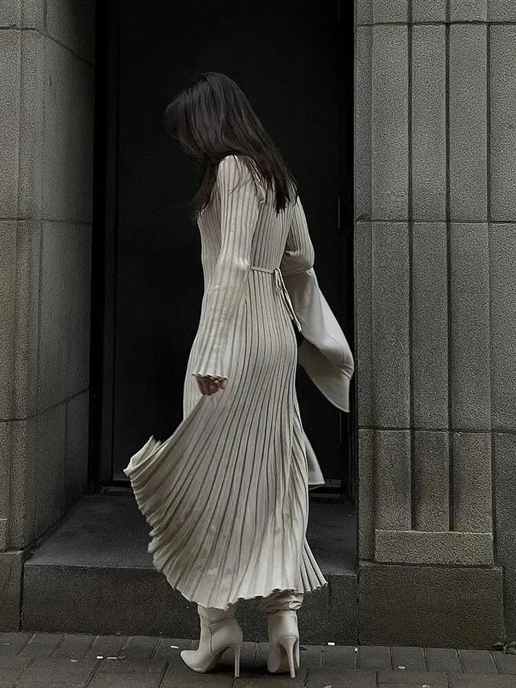 Vestido largo de punto de manga larga para mujer, vestido midi calado ajustado de ganchillo, vestido largo de lana cálido para fiesta y Club