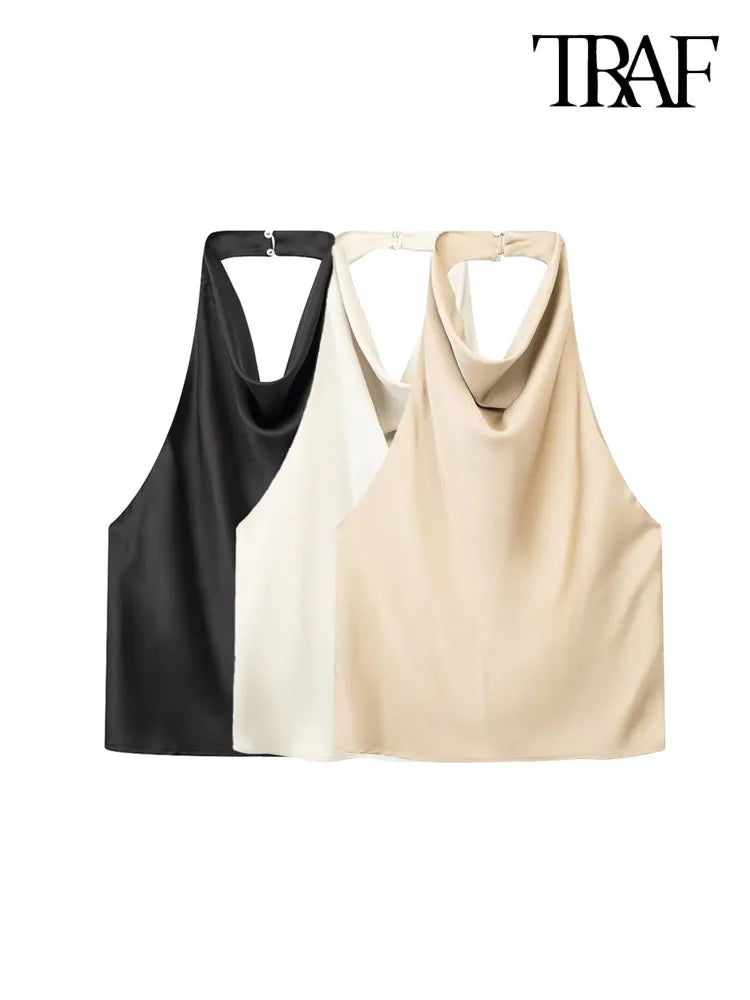 TRAF Women Fashion Satin Flowing Halterneck Tank Tops Sexy Backless With Button Female Camis Mujer