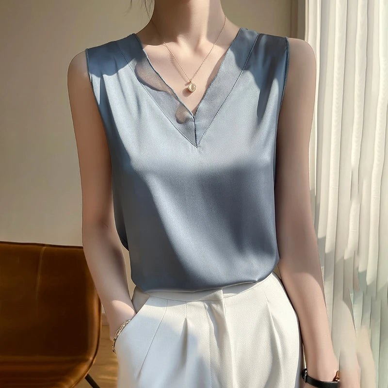 Strap Top Women Halter V Neck Basic White Cami Sleeveless Satin Silk Tank Tops Women'S Summer Camisole