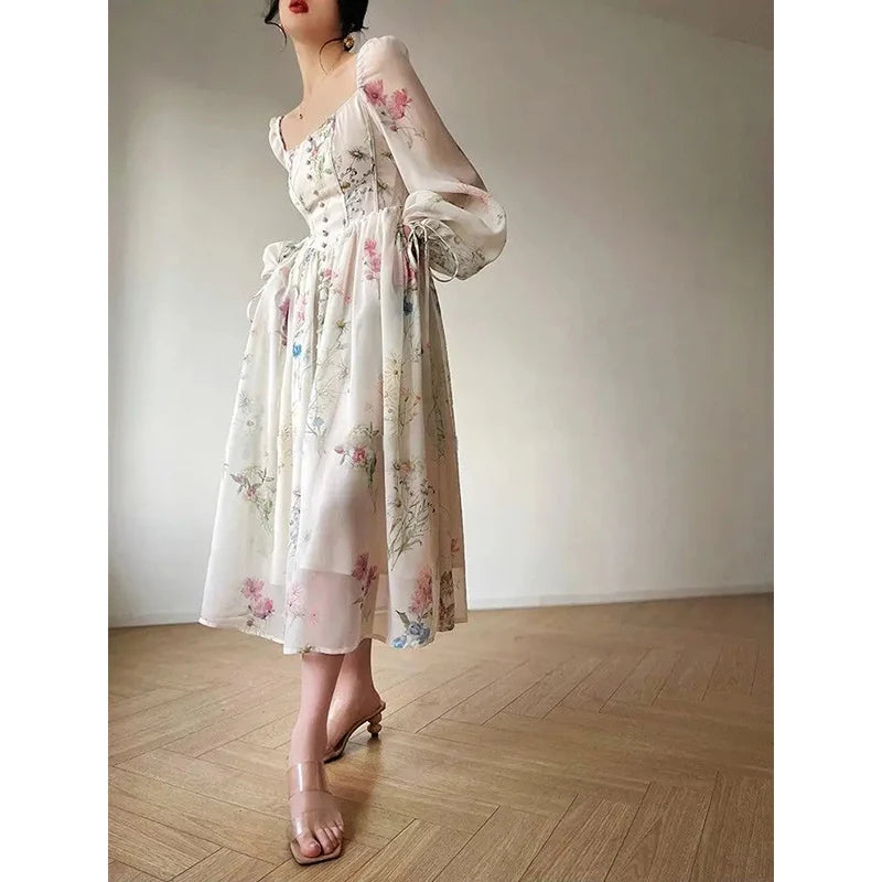 2023 Summer Korean Style Floral Evening Party Dresses Chiffon Long Sleeve Beach Midi Fairy Dress Vestidos De Ocasion Formales