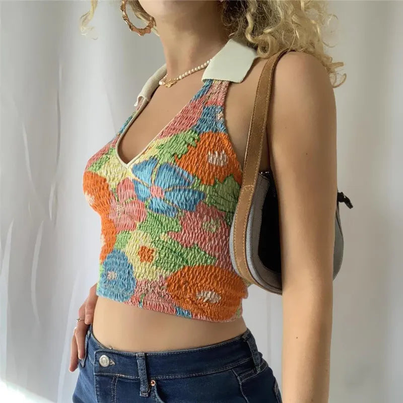 Xeemilo Colorful Flower Print Tank Top Y2K Turn-down Collar Low-cut Crop Tops Sexy Sleeveless Backless Women Camisol Streetwear