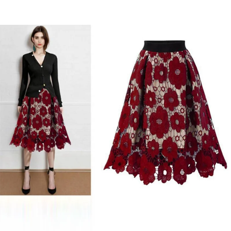 Elegant Summer Boho Lace Skirts Women Vintage Mesh Hollow Out Midi Plus Size Skirt Elastic Waist A-Line Saias Black Red Green