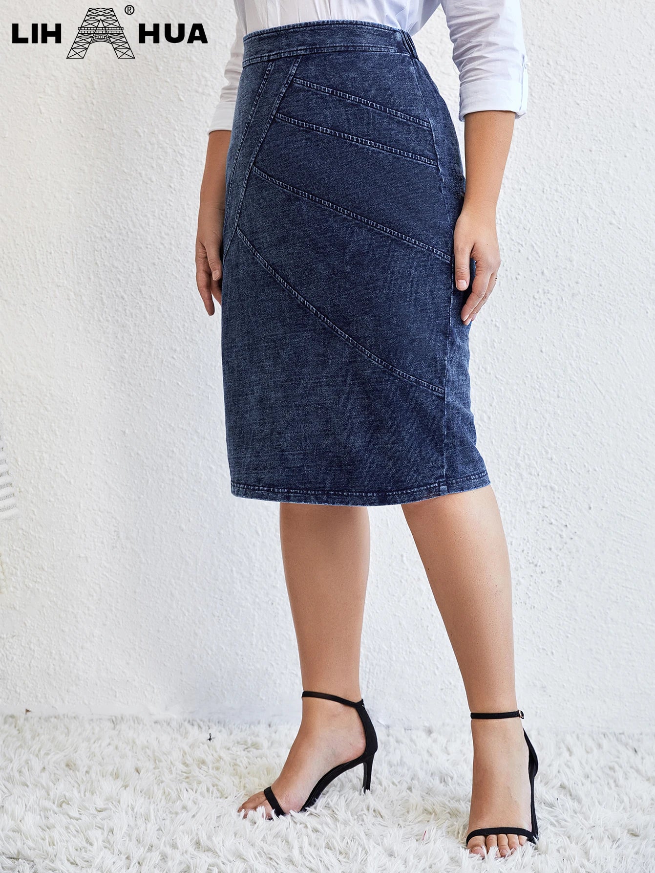 LIH HUA Women's Plus Size Denim Skirt Chic Elegant Skirt For Chubby Women Autumn Knitted Cotton Skirt