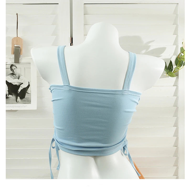 HELIAR Women Cotton Crop Tops With Bra Pad Drawstring Y2K Crop Tops Sports Tank Tops Backless Solid Tops For Women 2023 Summer