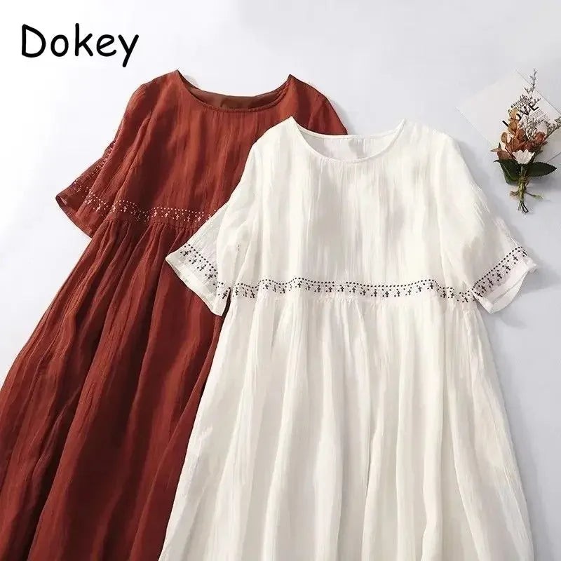 Vintage Embroidery Cotton Linen White Dress Women's Summer Breathable O Neck Short Sleeve Loose Boho Dress Casual Midi Vestidos