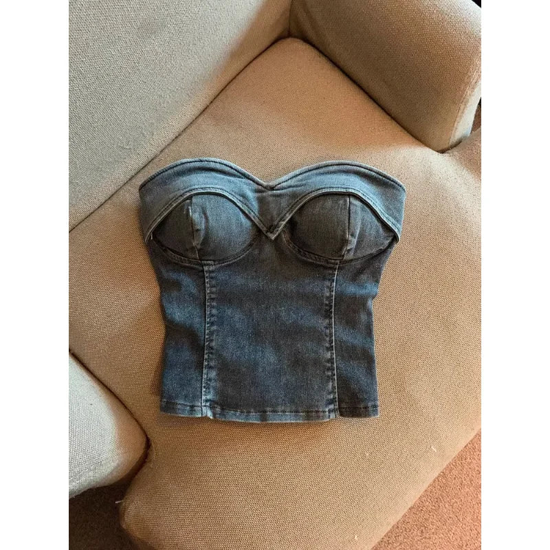 American Fashion Tanks with Built In Bra Almighty Casual Denim Corset Top Womans Jeans Camis Tops Spaghetti Strap Dropshipping