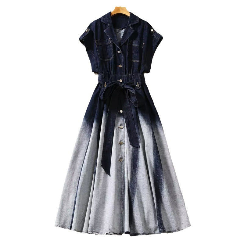 Lapel Single Breasted Short Sleeve Gradient Color Fashion Waist-controlled Denim Dress