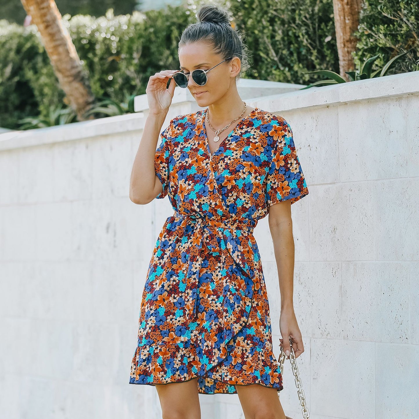 Vestido de gasa floral de manga corta para mujer