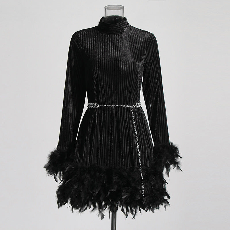 Fashion Retro Style Niche Spring Stand Collar Long Sleeve Chain Feather Dress