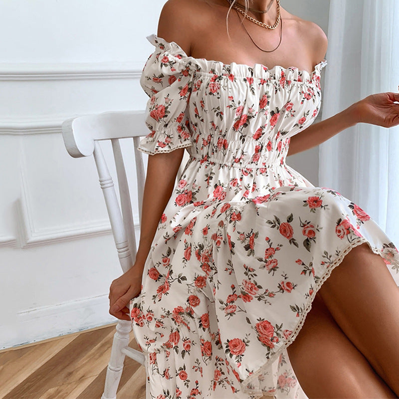 Ladies Vintage Floral Puff Sleeve Dress