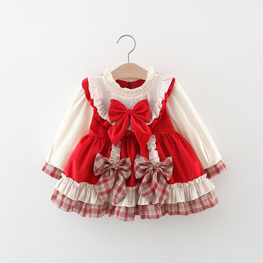 Robe à carreaux avec nœud mignon pour fille