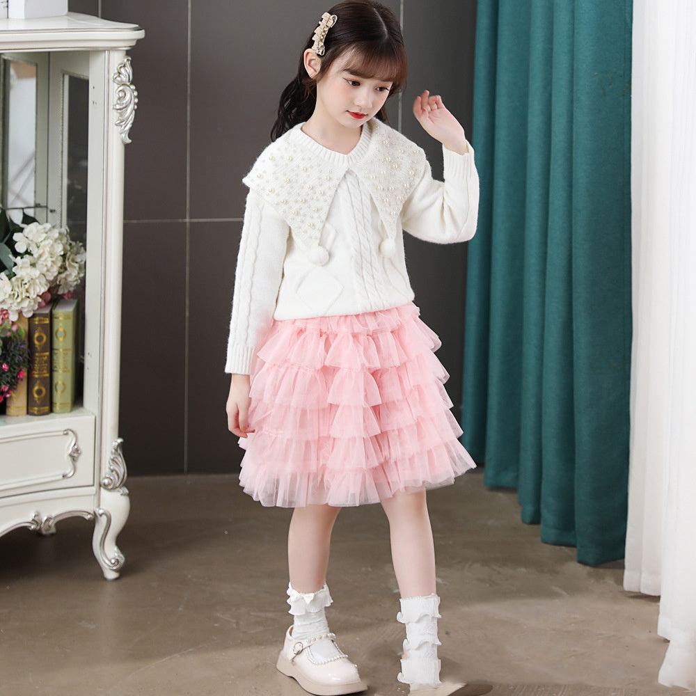 Two-piece Pearl Children's Sweater Cake Dress