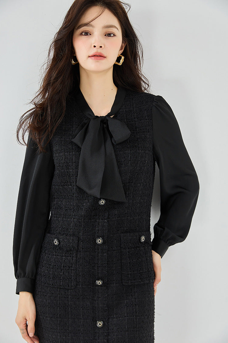 Tweed Long Sleeve Black Waist Dress