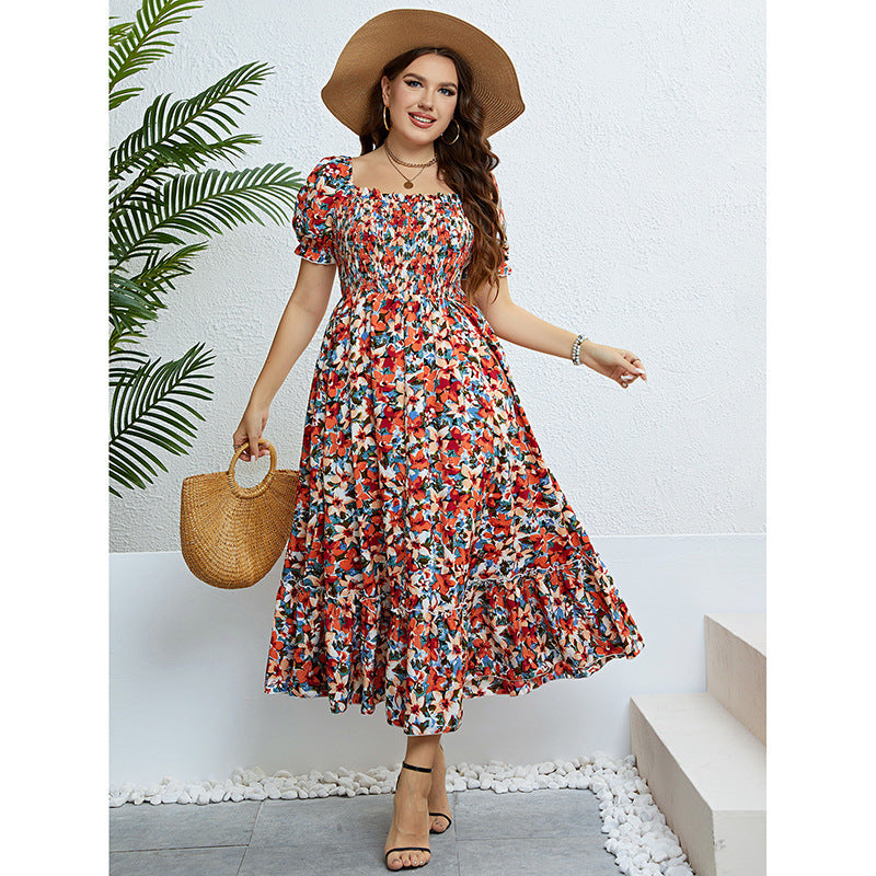 Floral Off-shoulder Waist Slimming Dress