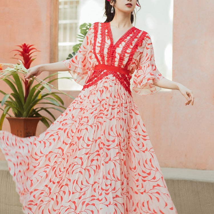 Vestido rojo de gasa floral de viento suave