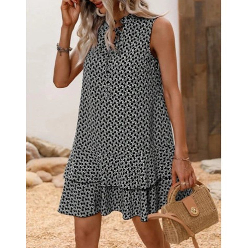 Bohemian Printed V-neck Lace-up Sleeveless Dress Floral Thin Summer