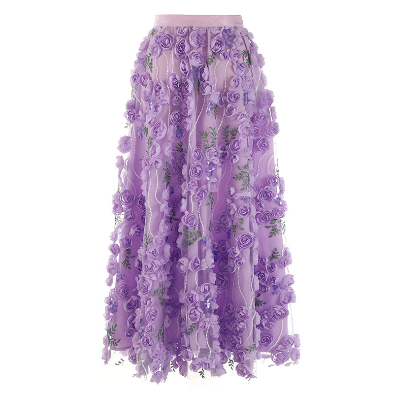 Three-dimensional Flower Embroidered Sequin Gauze Skirt