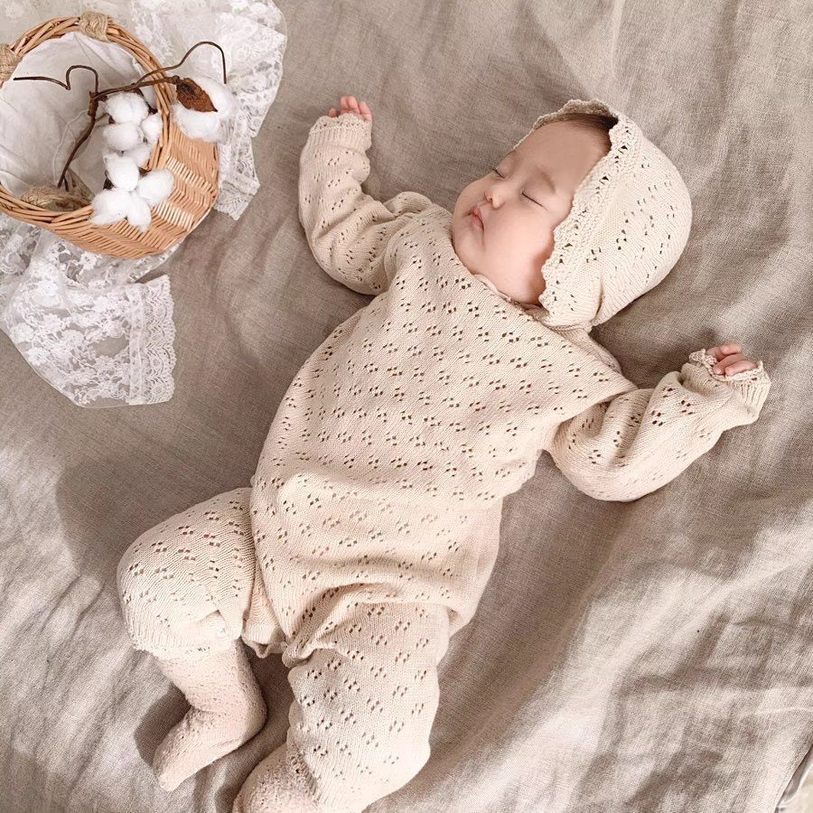 Knitted Hollow Jumpsuit Baby Girl Lace Long-sleeved Romper With Hat