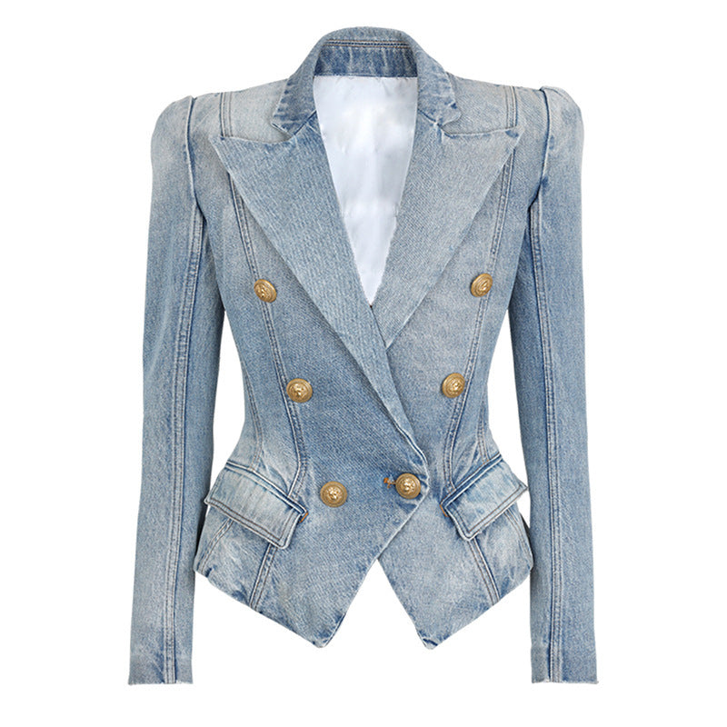 Women's Slim Double-breasted Lion Button Denim Suit Jacket