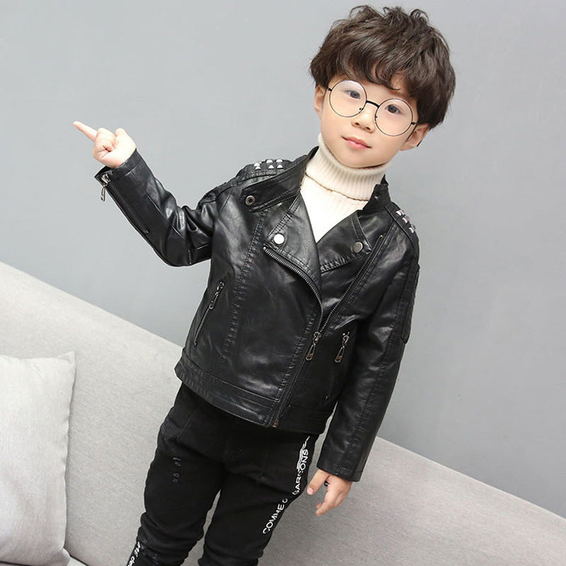 Boys' Fashion Casual Solid Color Leather Jacket