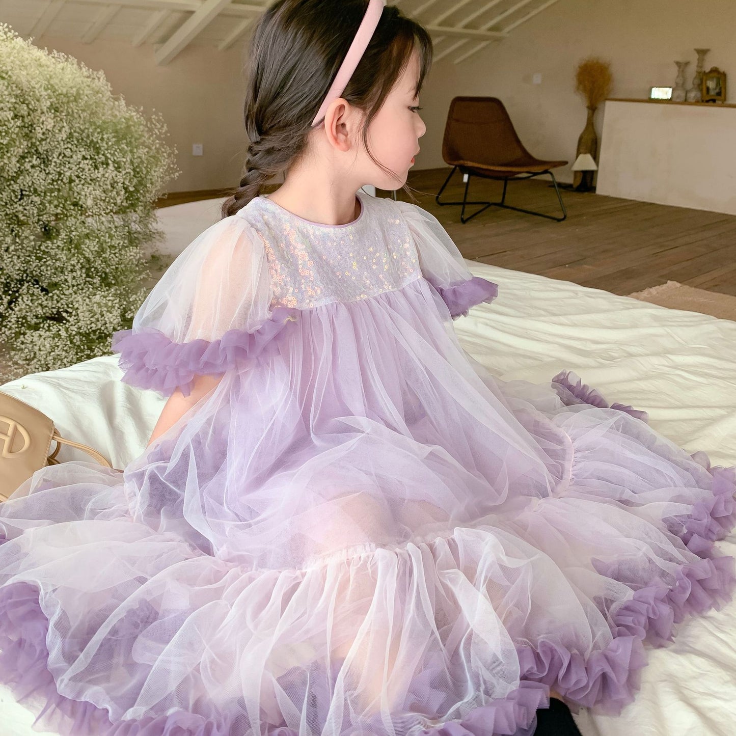 Vestido de princesa con lentejuelas y lazo en la espalda de verano para niñas