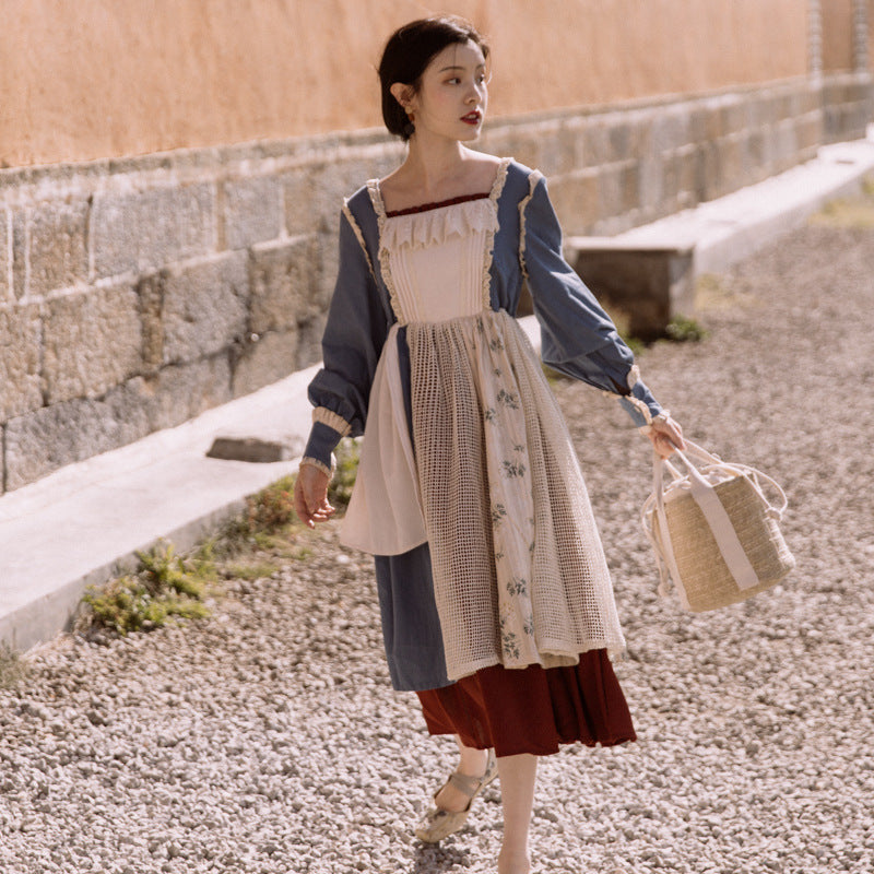 Robe pastorale française rétro pour filles, faux deux pièces, couture en coton et lin