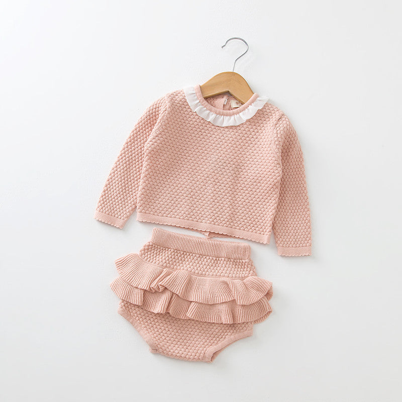 Boys And Girls Baby Twist Knit Sweater Cardigan And Shorts Suit Baby Two-piece Suit