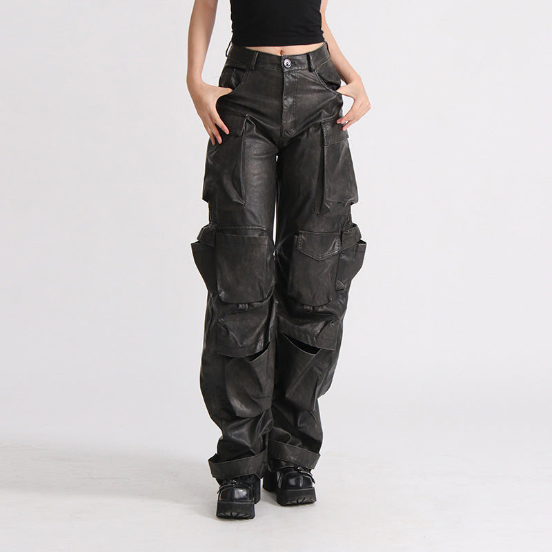 Fashion Unique Design Pocket High Waist Wide Leg Solid Color American PU Overalls