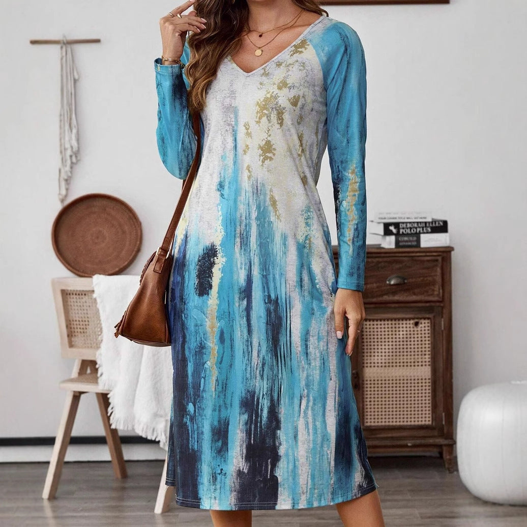 V-neck Printing Fashion Mid-length Dress Women