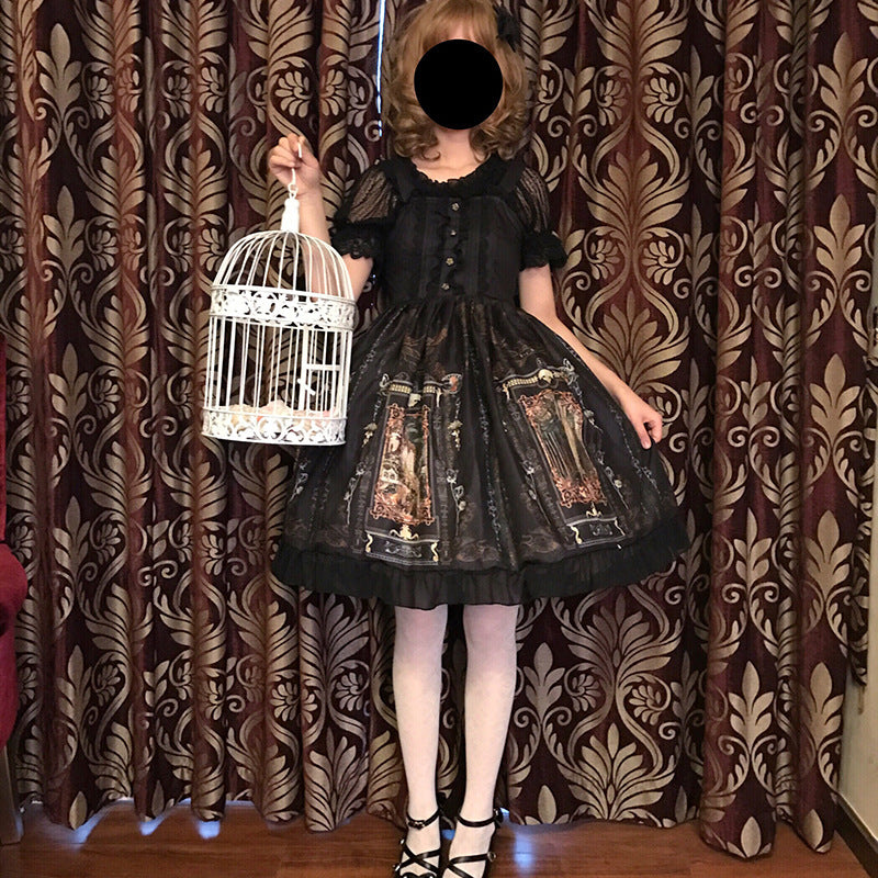 Robe gothique Lolita pour femme, Vintage, Kawaii, en mousseline de soie, tenue de fête de princesse, manches lanternes, Costumes de Cosplay mignons imprimés