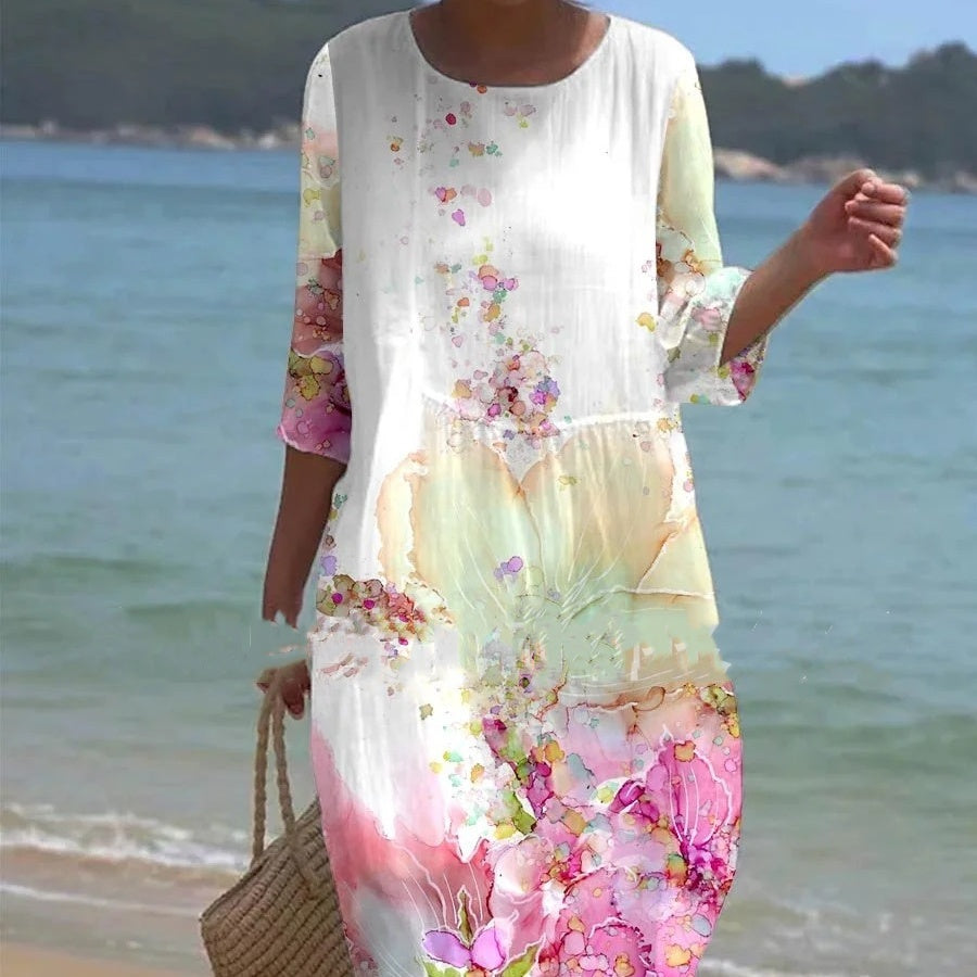 Robe à col rond à imprimé floral printemps et été