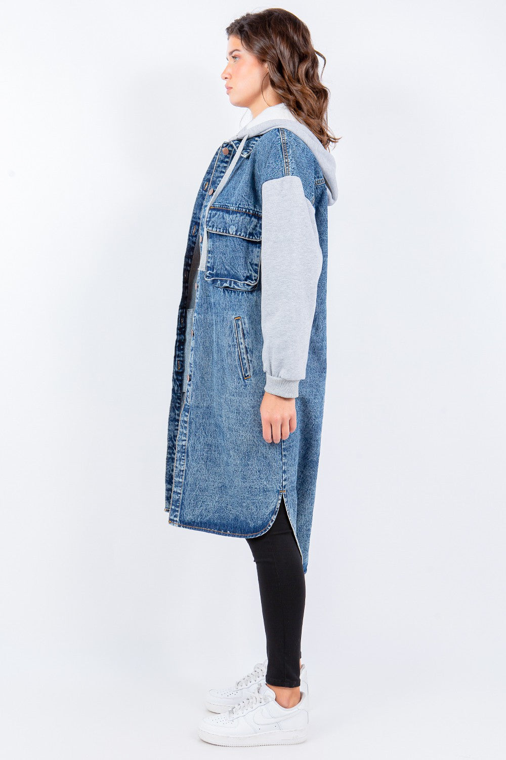 American Bazi Contrast Longline Hooded Denim Jacket