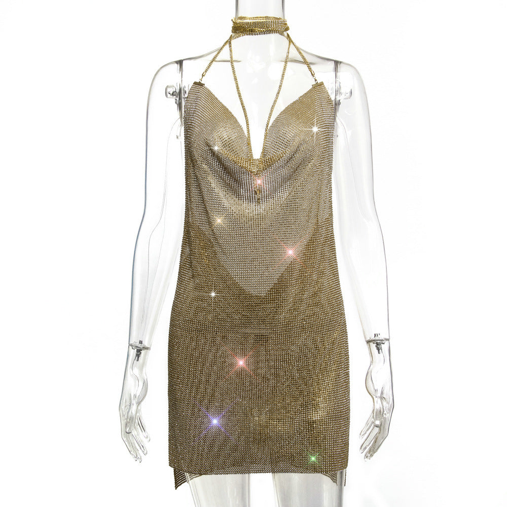 Backless Metal Sequins V-neck Brace Halter Dress