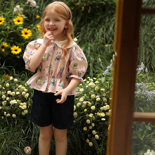 Chemise de poupée fleurie à revers fille blanche