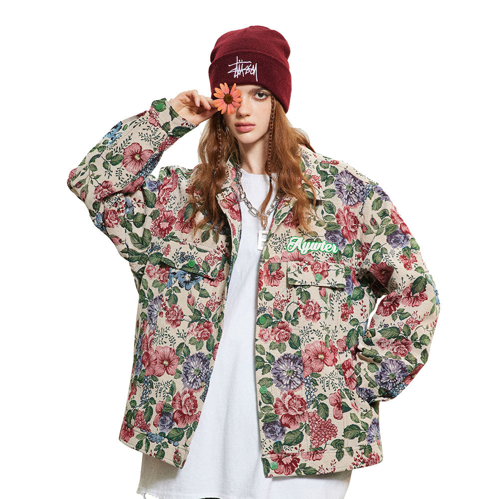 Veste ample à fleurs teints en fil, style rétro américain, entièrement imprimé, manteau ample