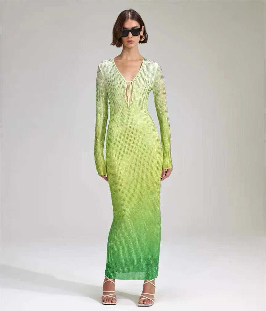 Gradient Green Shiny Rhinestone Deep V Sheath Dress