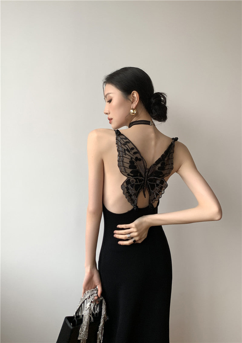 Back Embroidered Butterfly Flower Knitted Elegant Black Dress